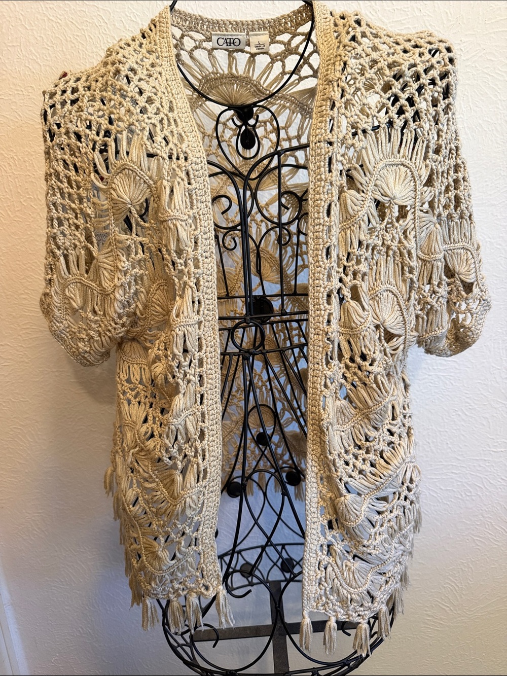 🎪🎪🎪BOGOHO🎪🎪🎪Cato Cream Crochet Open-Front Cardigan with Fringe-Large